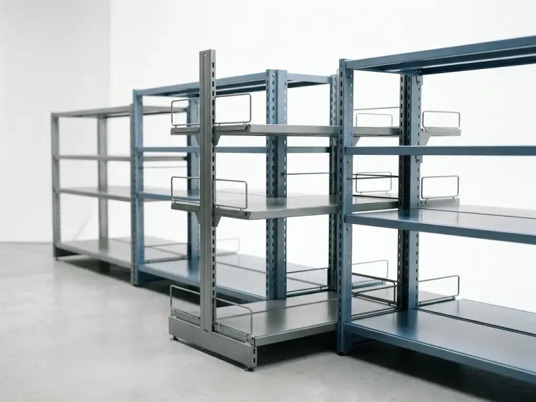 Modulaire retailschappen in staal met verstelbare draadbeugels op lichtgrijs oppervlak, licht vooruitgeschoven eenheid toont configureerbaarheid.